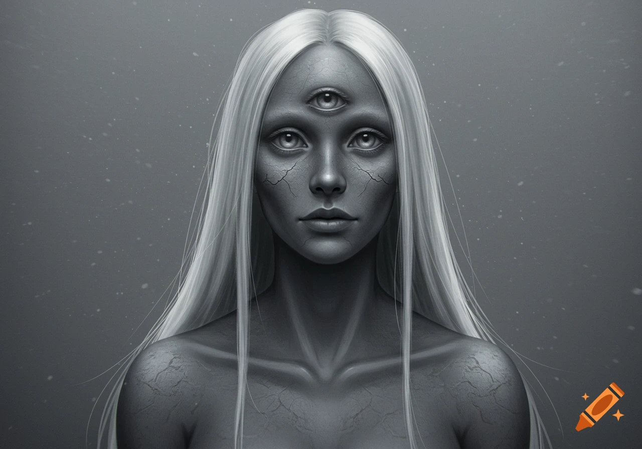 A grayscale portrait of a long-haired, three-eyed humanoid figure with cracked gray skin.