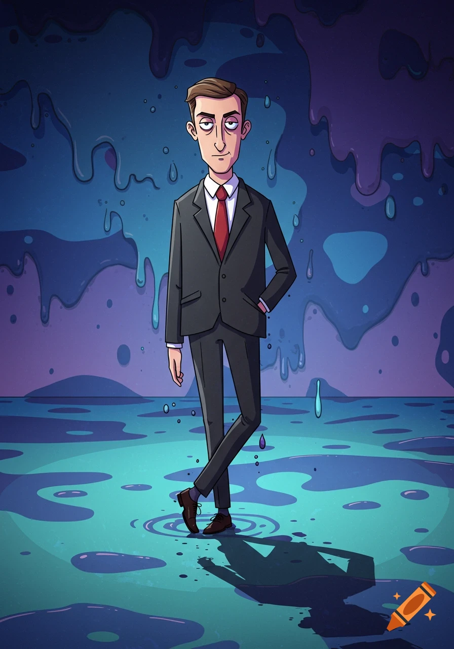 A cartoon businessman in a dark suit and red tie stands in a surreal, watery landscape with melting blue and purple walls.