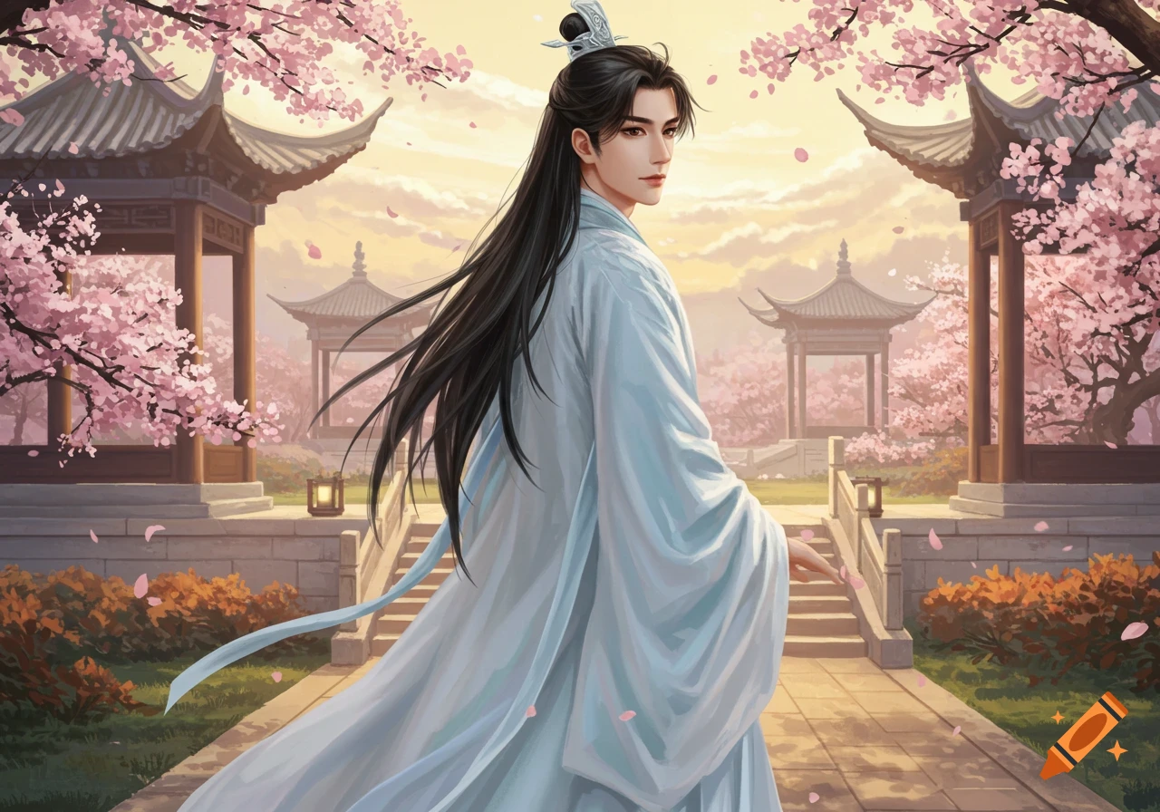 A young man with long black hair, dressed in light blue traditional robes, stands in a cherry blossom garden with pagodas, under a soft sky.