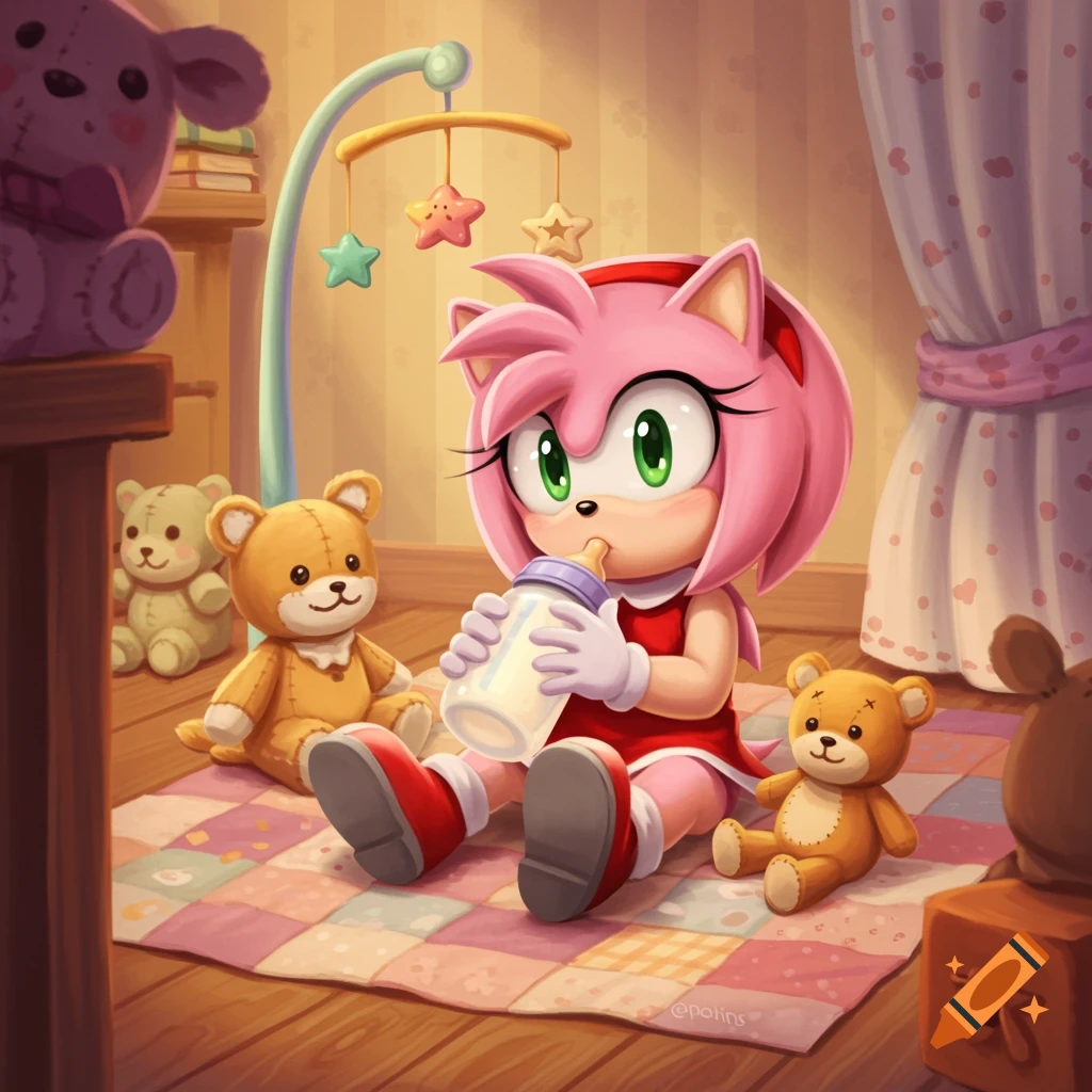 Baby Amy Rose sits on a colorful quilt, drinking from a bottle, surrounded by teddy bears and a mobile in a bedroom.