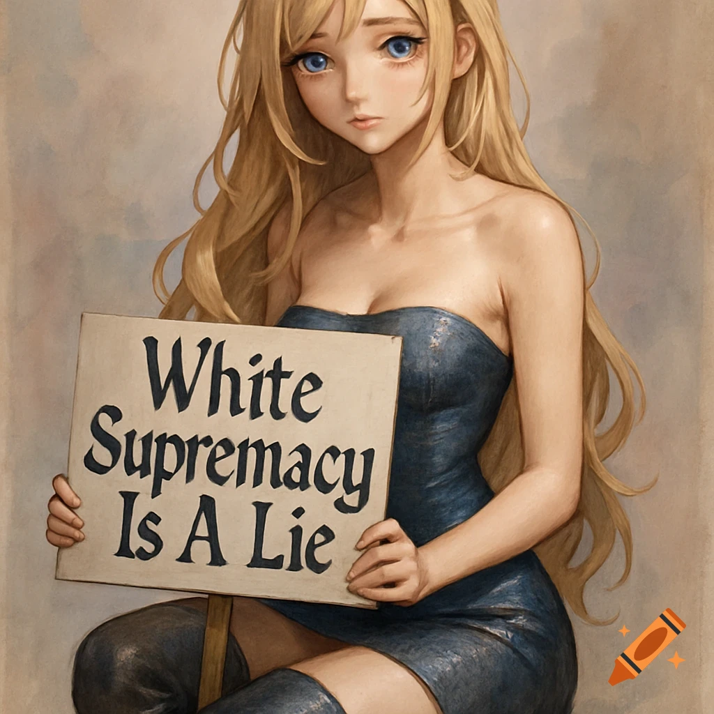 An anime-style blonde woman in a strapless blue dress holds a sign that reads "White Supremacy Is A Lie".