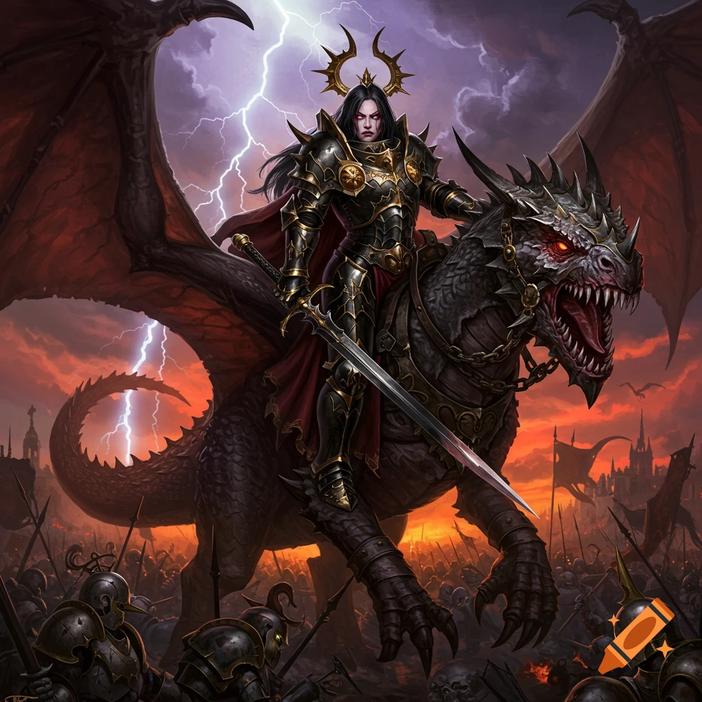 A dark fantasy warrior on a dragon oversees a lightning-struck battlefield at sunset, rendered in a detailed art style.