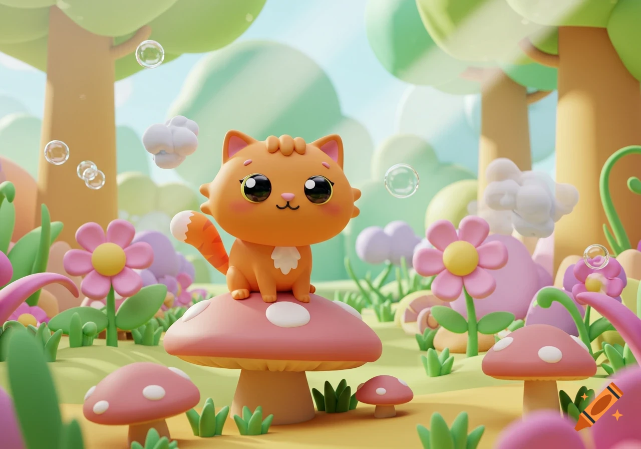 A cute orange 3D cartoon cat with big eyes sits on a red mushroom in a whimsical forest with flowers and bubbles.