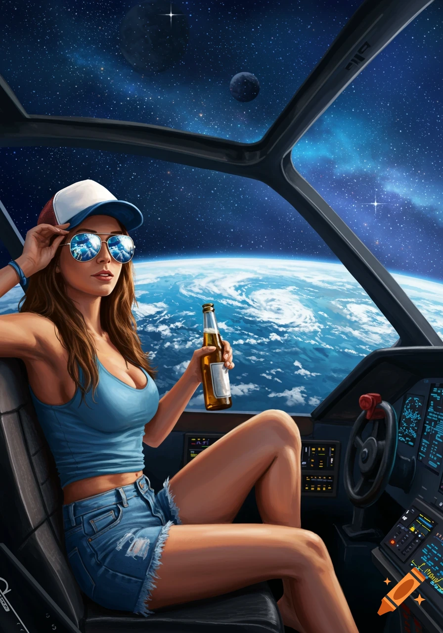A young woman in a spaceship cockpit overlooks Earth, wearing a hat and sunglasses, holding a beer bottle.