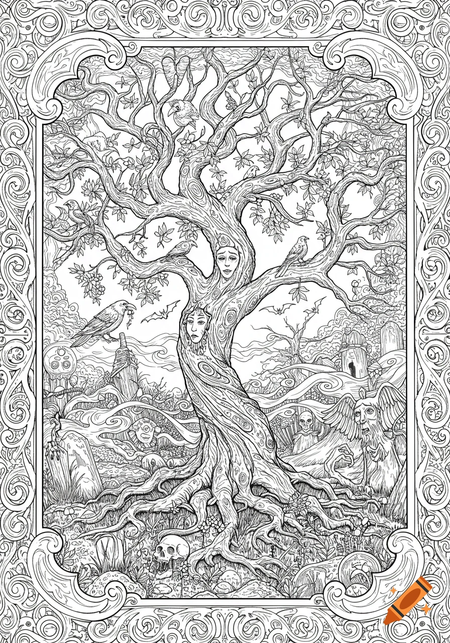 An intricate coloring book style line art drawing of a gnarled tree with faces in its trunk, surrounded by a gothic landscape with gravestones and eerie figures.
