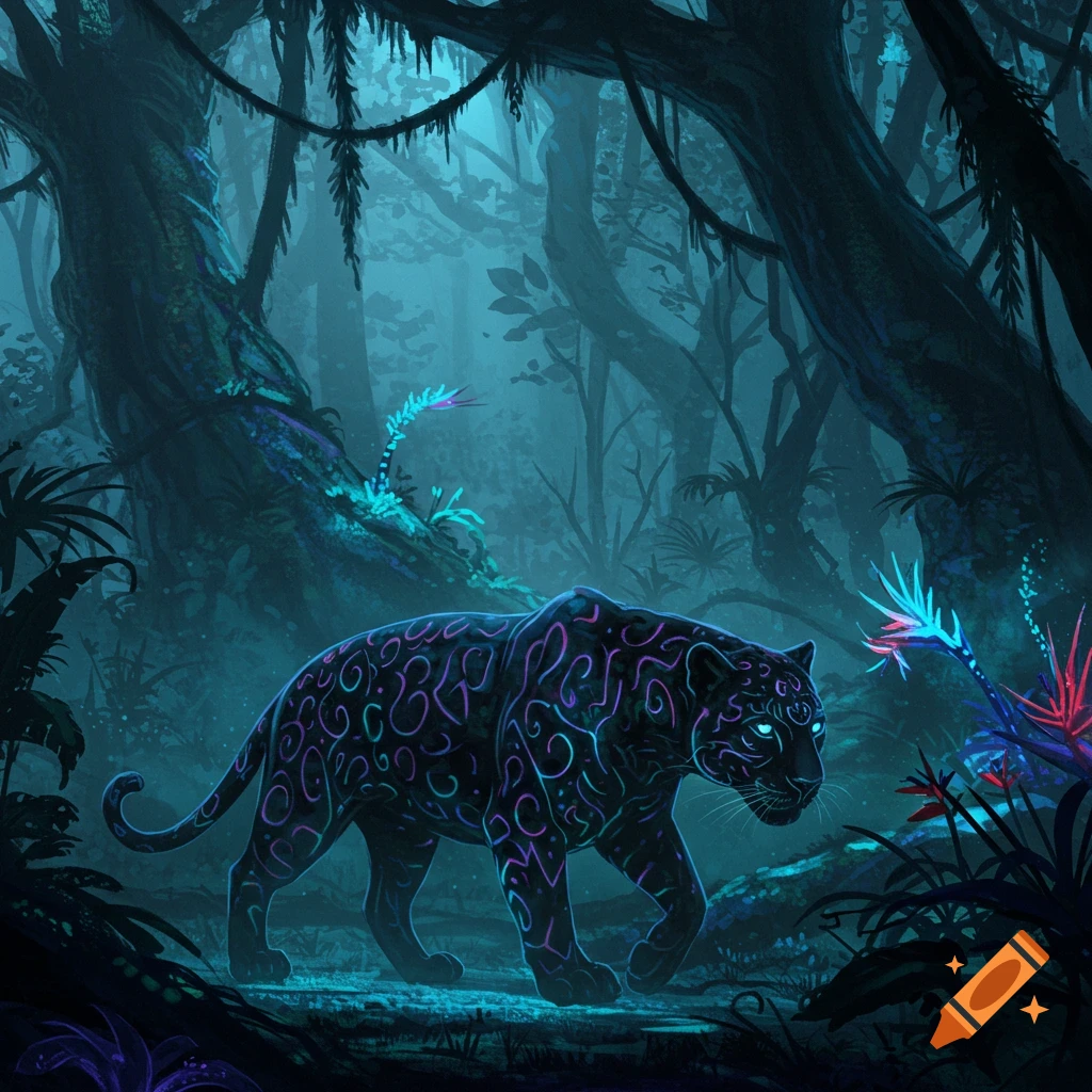 A black panther with glowing neon tribal markings prowls through a dense, bioluminescent jungle with glowing plants.
