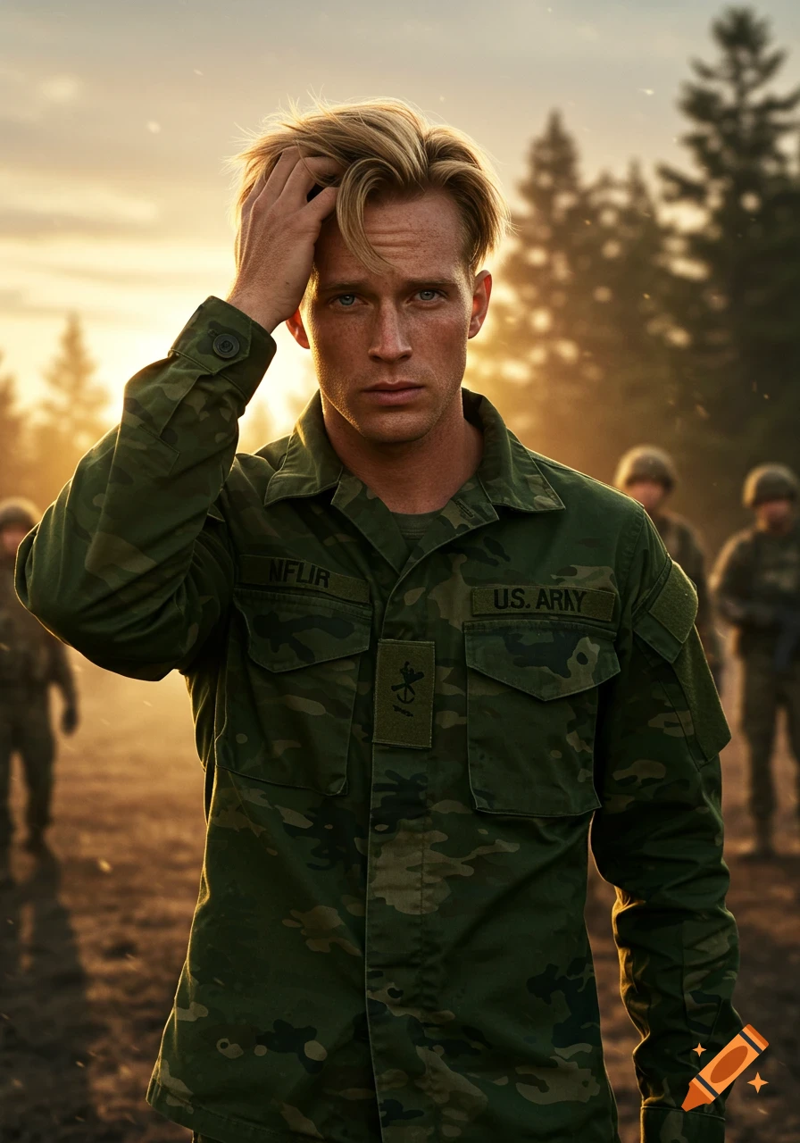 A photorealistic portrait of a male soldier in a green camouflage uniform, running his hand through his blonde hair against a sunset background with blurred figures.