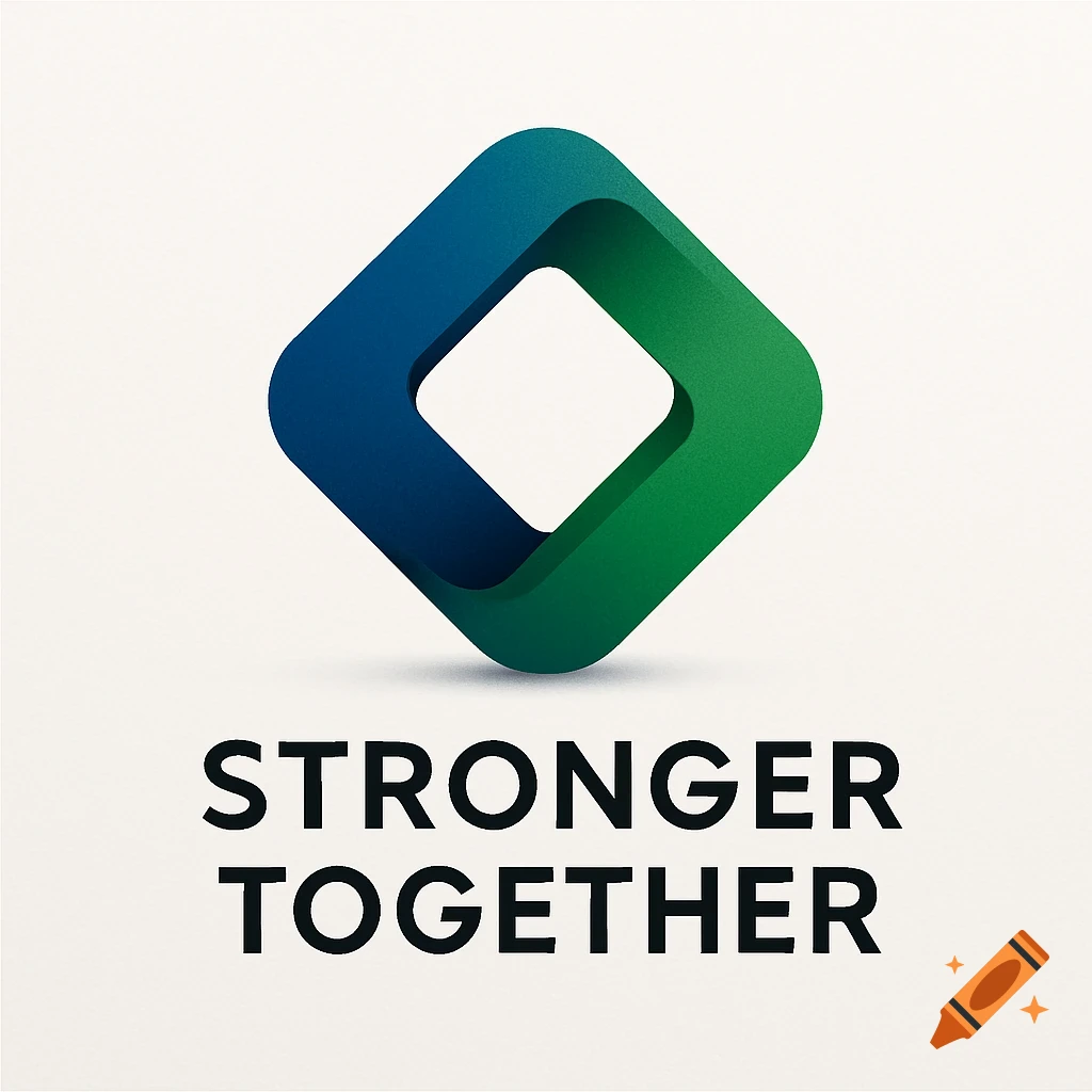 A modern 3D logo featuring a rounded square shape in blue and green, above the words 'STRONGER TOGETHER'.