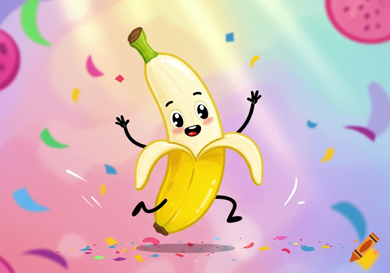 A happy cartoon banana character with peels forming arms, jumping among colorful confetti on a gradient pink and blue background.