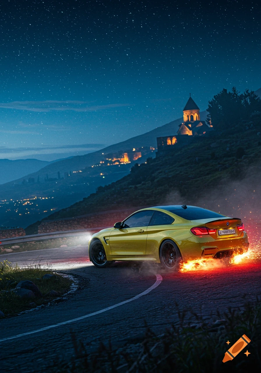 A yellow BMW M4 drifts on a winding road at night, emitting sparks from its rear wheels, with a lit church building on a distant hill under a starry sky.