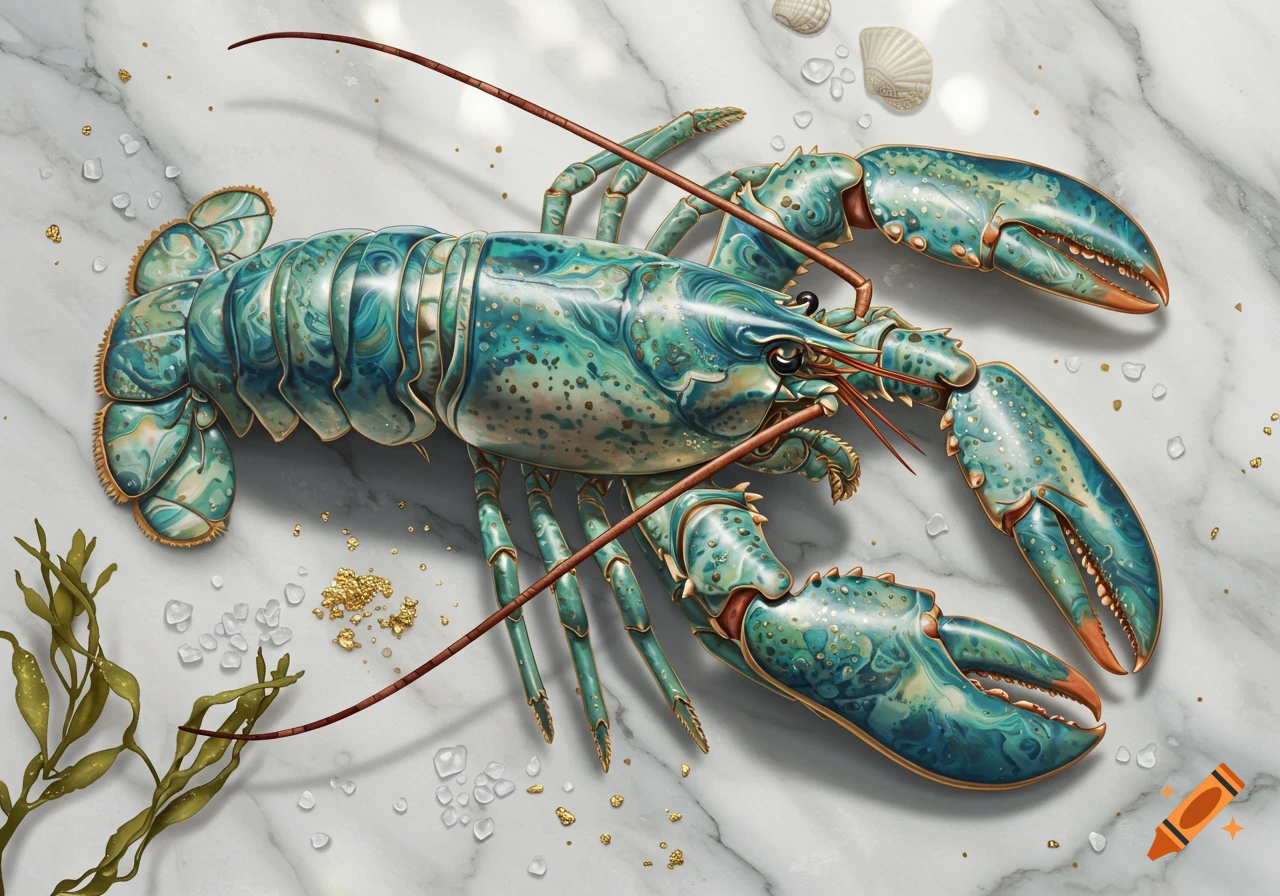 A blue and green marbleized lobster rests on a white marble surface with gold flakes and salt crystals.