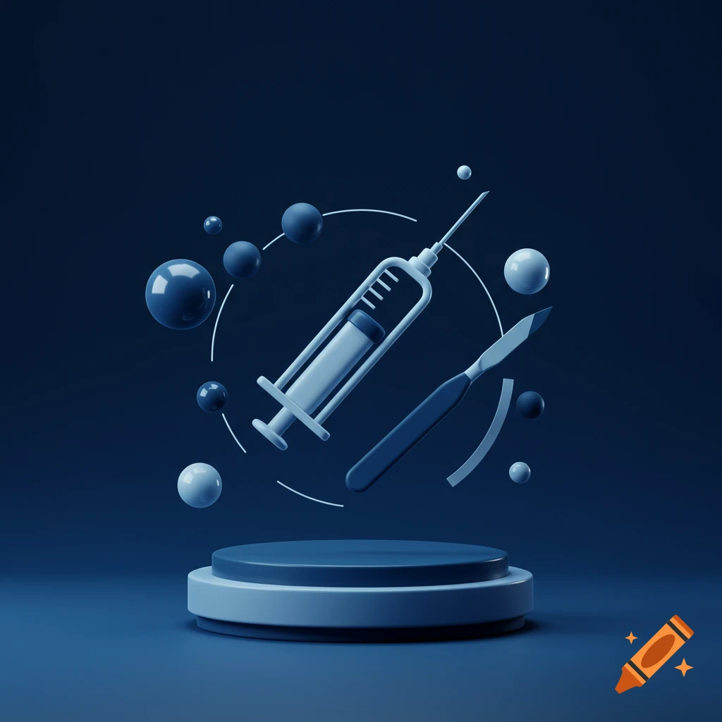 A 3D render of a syringe and a scalpel floating over a pedestal, surrounded by spheres on a dark blue background.