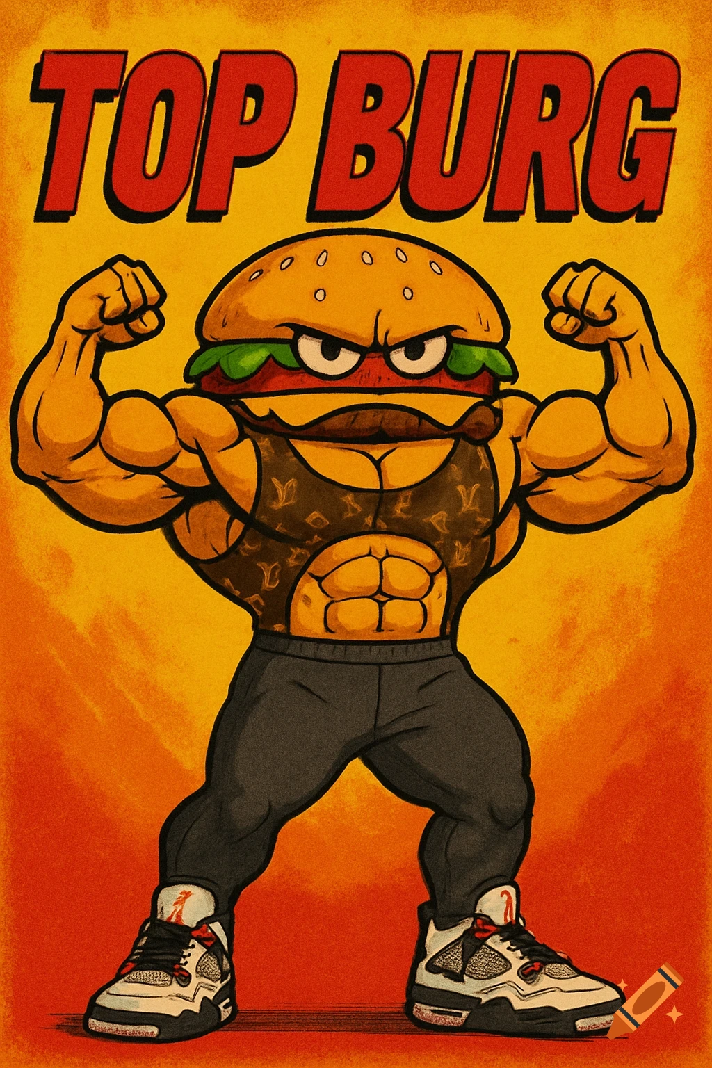 A muscular cartoon burger wearing a patterned singlet, pants, and sneakers, flexing on a yellow and orange background with 'TOP BURG' text.