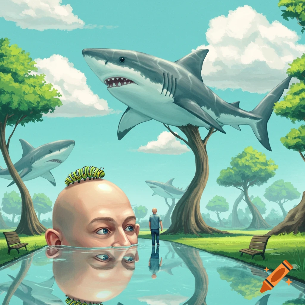 A surreal landscape with a bald man's head submerged in a river, a caterpillar on top, and sharks as trees.