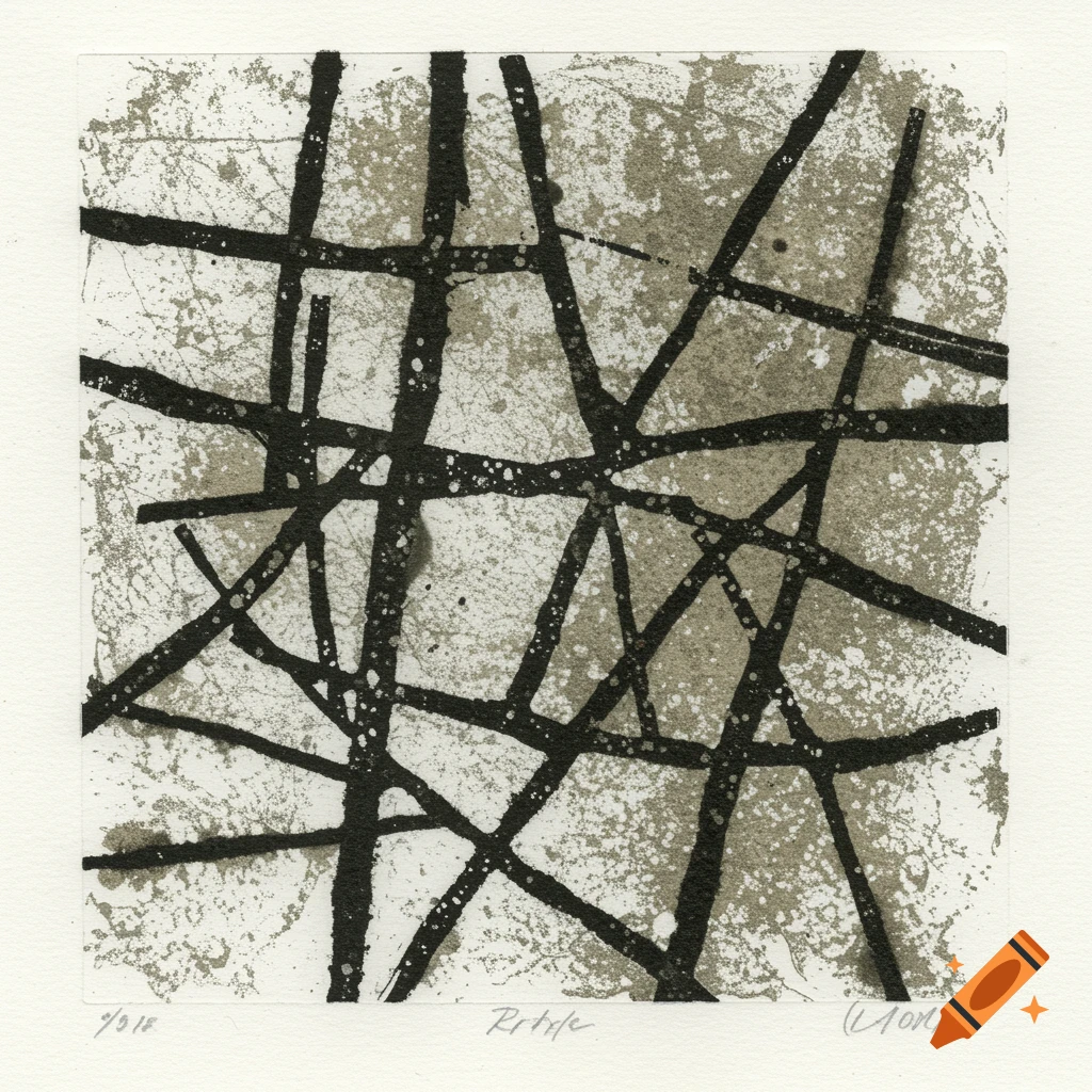 An abstract relief print featuring thick, uneven black lines crossing over a textured, splotchy white background.