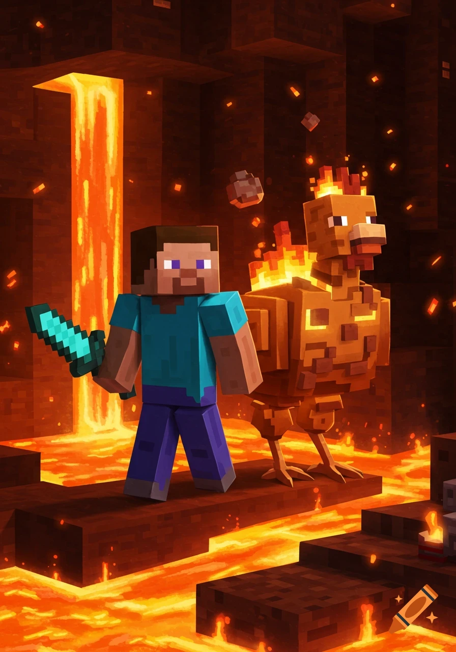 Minecraft Steve holding a diamond sword next to a flaming chicken in a lava-filled cavern.