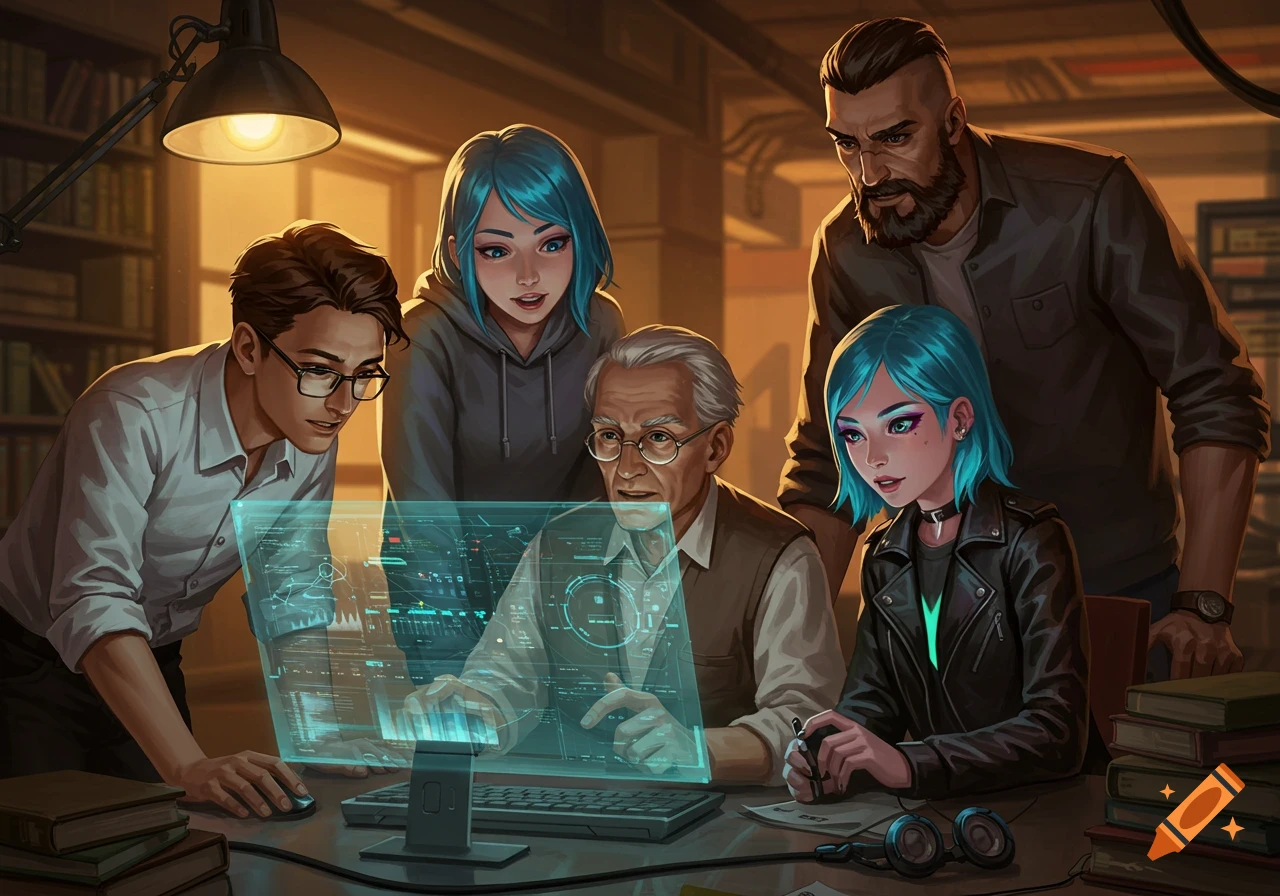 Five stylized characters, a mix of ages and genders, gathered around a glowing holographic computer screen in a library or office setting.