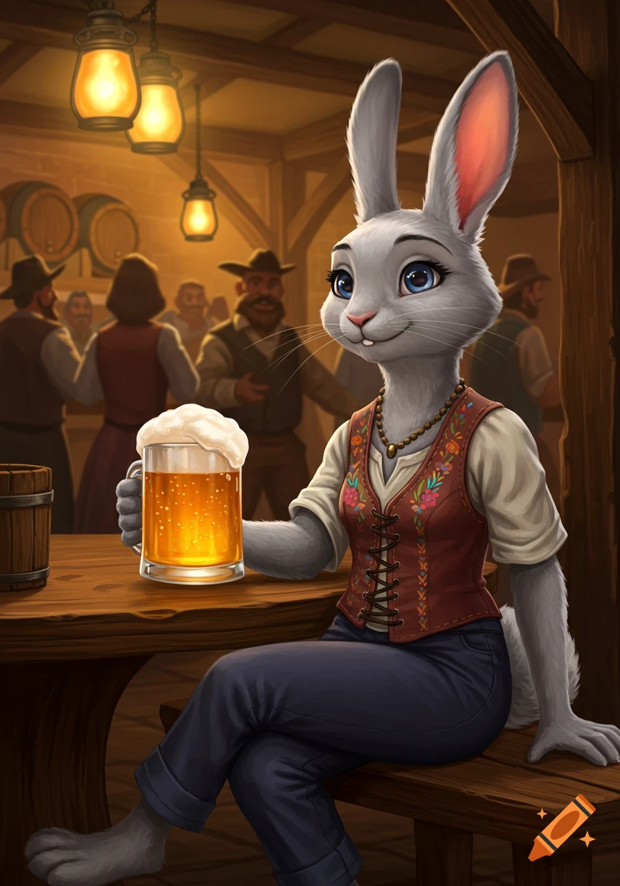 An anthropomorphic gray rabbit sits at a wooden table in a dimly lit tavern, holding a mug of frothy beer. Other patrons are blurred in the background.