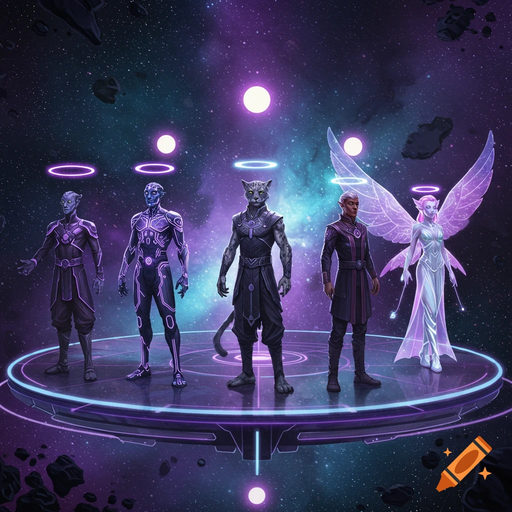 Five diverse alien and fantasy characters, including a cat-person and a winged fairy, stand on a glowing platform in vibrant purple and blue space.