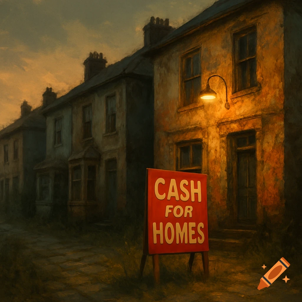 A dark, painterly scene of old, distressed houses at dusk with a glowing streetlamp and a red 'CASH FOR HOMES' sign.
