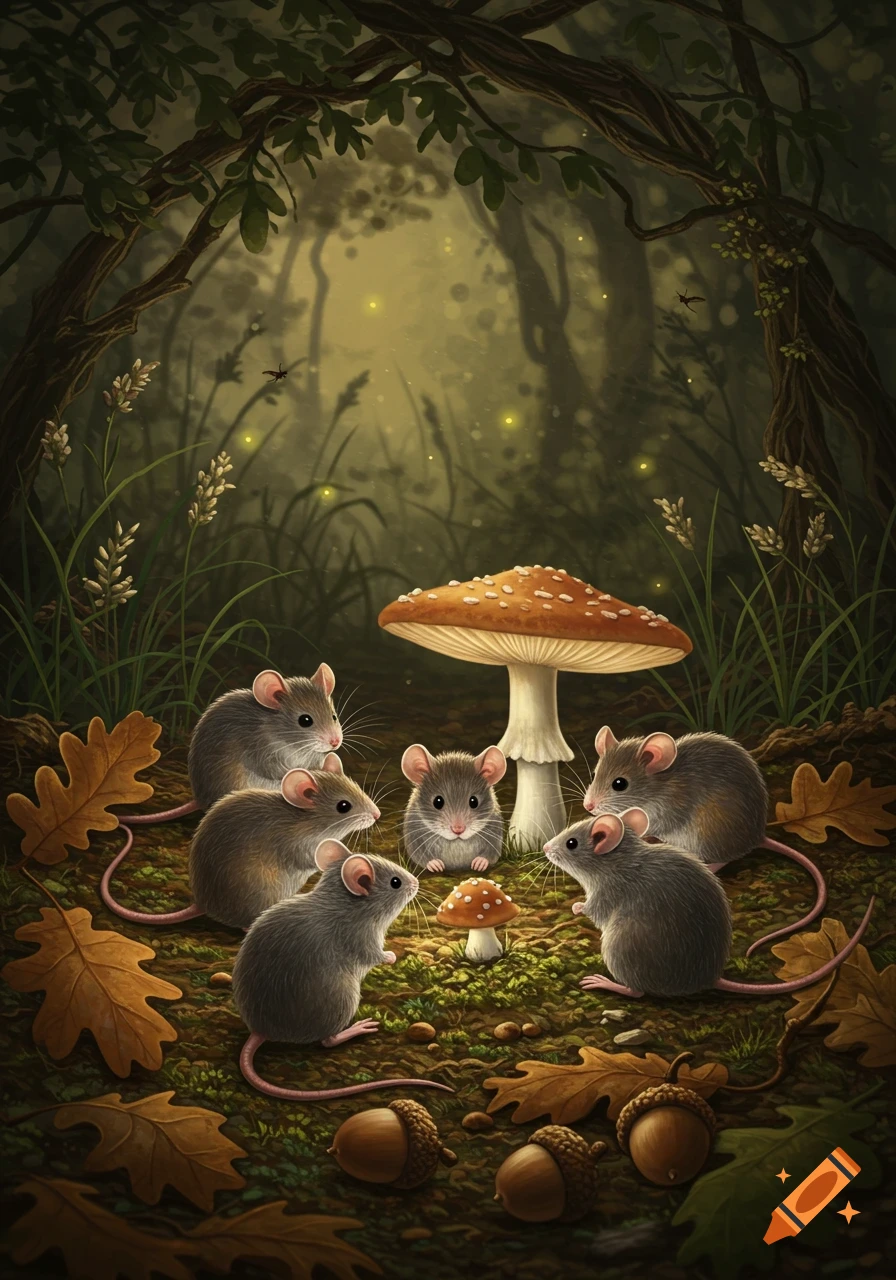 Six adorable gray mice gather around a mushroom in a whimsical forest with glowing fireflies, oak leaves, and acorns.