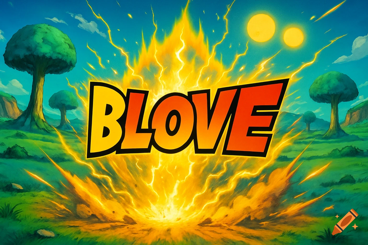 A stylized 'BLOVE' logo in yellow and orange sits above a vibrant yellow explosion with lightning effects, against a green landscape with large, round trees and a blue sky with two suns, in the style of Dragon Ball Z.