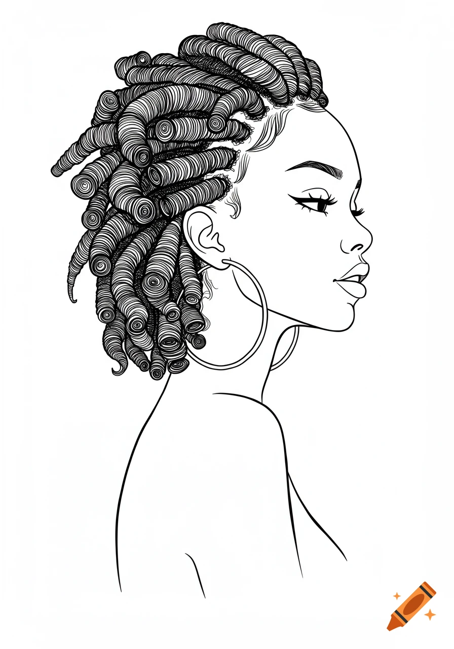 Line drawing of a stylish woman with intricate bantu knots in her hair and a large hoop earring, viewed in profile.