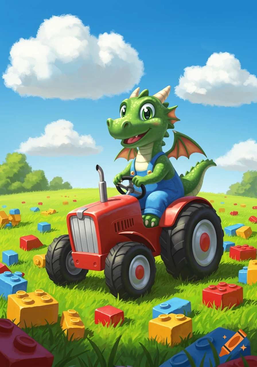 A cartoon dragon wearing blue overalls drives a red toy tractor through a field scattered with colorful building blocks under a blue sky.