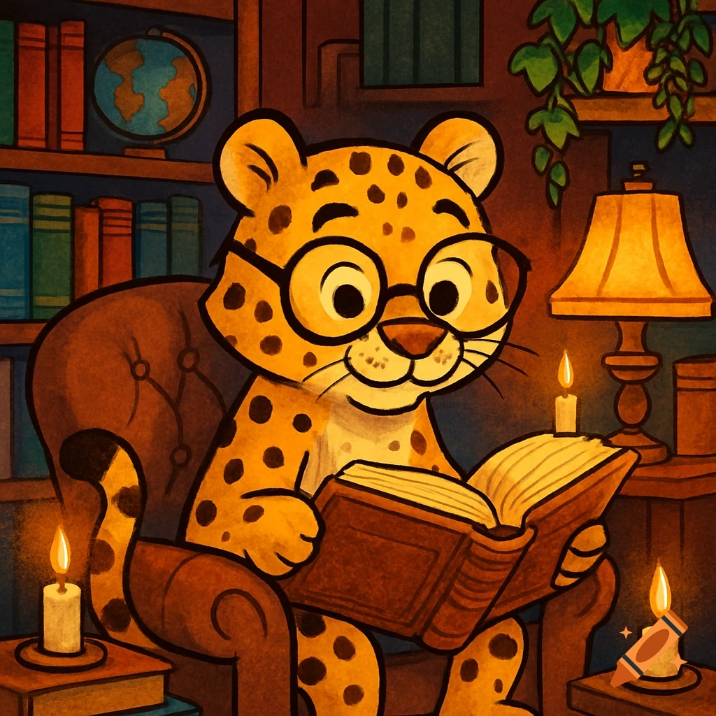 A cute cartoon leopard wearing glasses sits in a brown armchair, reading a book by candlelight in a cozy library with bookshelves.