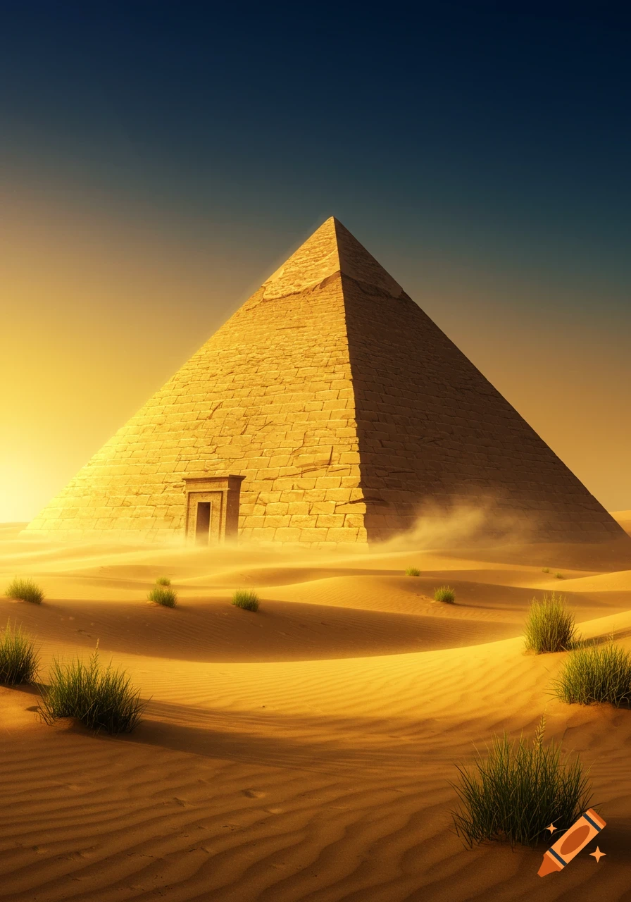 A photorealistic image of a large pyramid with a doorway on its base, surrounded by golden sand dunes and sparse green shrubs under a gradient sky.
