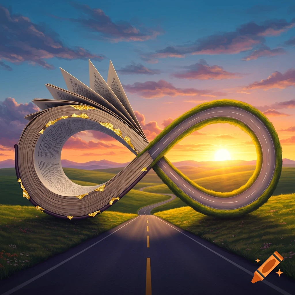 A large infinity symbol in a landscape, with one loop as an open book and the other a road, at sunset.