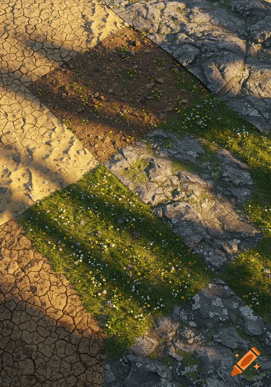 An aerial view of a landscape featuring four distinct terrain textures: cracked dry earth, rocky ground, dark soil, and vibrant green grass with flowers, arranged in geometric patches.