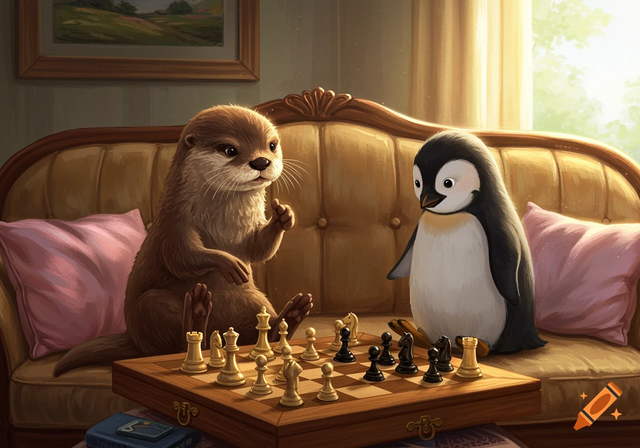 An animated otter and a penguin sit on a beige couch playing chess on a wooden board. Sunlight streams in from a window on the right.