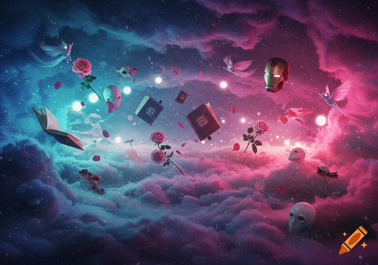 Surreal digital art of various objects like books, roses, skulls, and an Iron Man helmet floating in a dreamlike pink and blue cloudy cosmic sky.