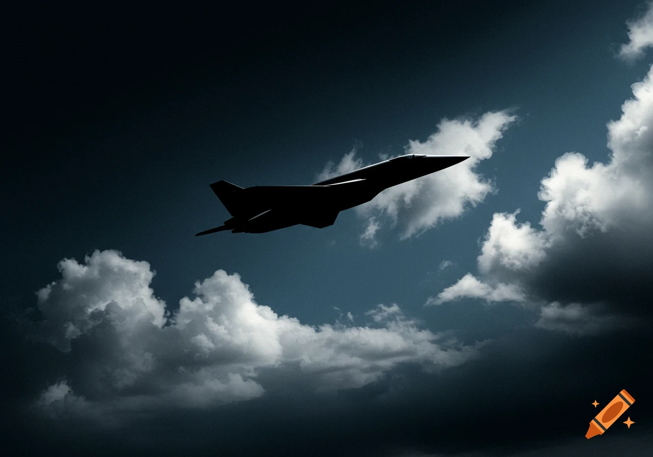 A silhouette of a modern jet aircraft flying against a dramatic, dark blue cloudy sky.