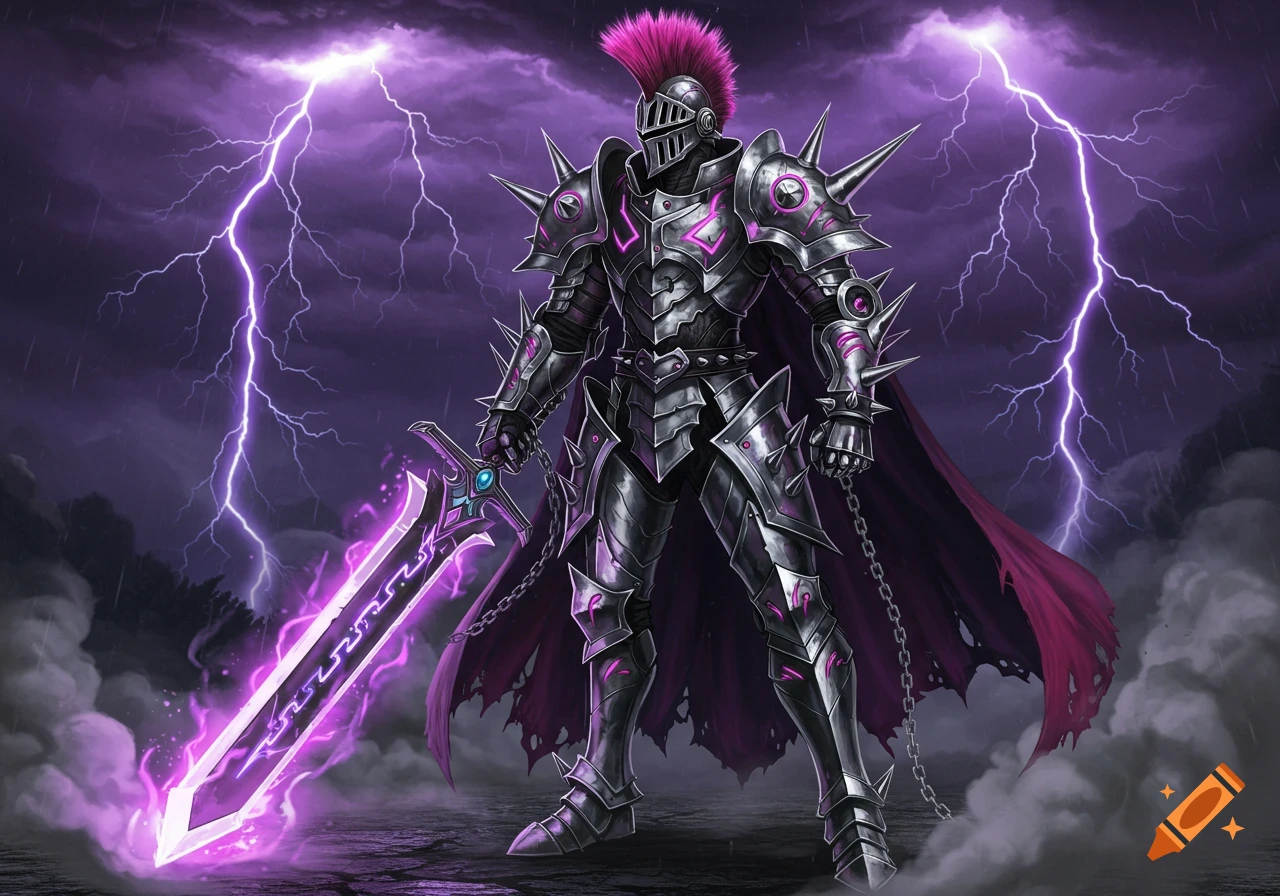 A heavily armored knight in a dark silver, spiked suit with a pink mohawk stands holding a glowing purple sword, set against a dark, stormy sky with bright purple lightning.