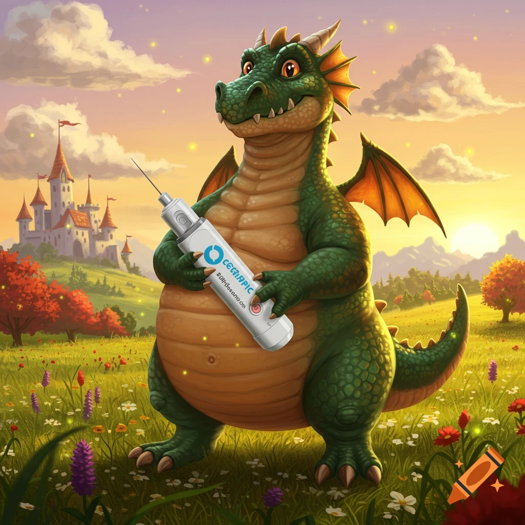 A friendly cartoon green dragon stands in a sunny field with a castle, holding a medical autoinjector.
