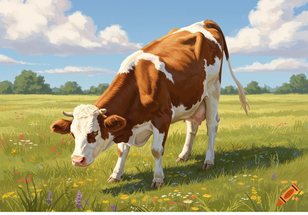A brown and white cow grazes in a vibrant green field filled with colorful wildflowers under a blue sky with fluffy white clouds.