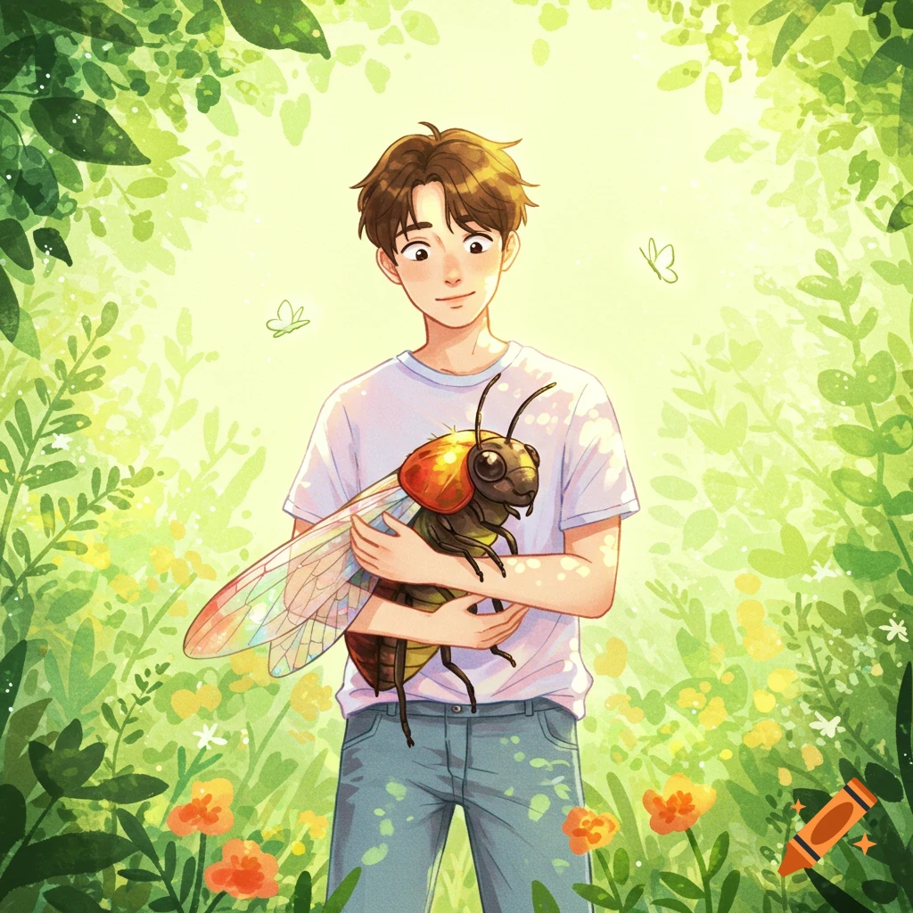 An illustration of a young boy hugging a large, colorful bug in a vibrant, lush forest filled with green foliage and small flowers.