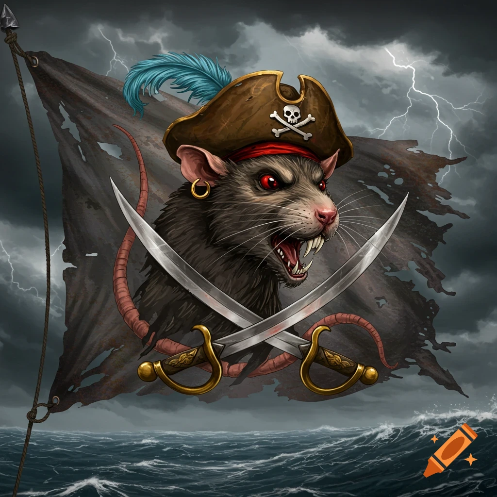 A fierce rat pirate wearing a skull and crossbones hat with red eyes and bared teeth holds crossed swords in front of a tattered flag against a stormy sea and sky with lightning.