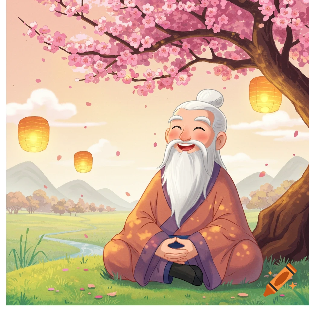 A happy cartoon old man with a long white beard meditates under a pink cherry blossom tree with lanterns in a serene green landscape.