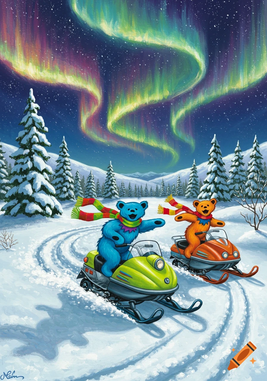 Two colorful cartoon bears on snowmobiles in a snowy landscape under the Northern Lights, in the style of Grateful Dead dancing bears.