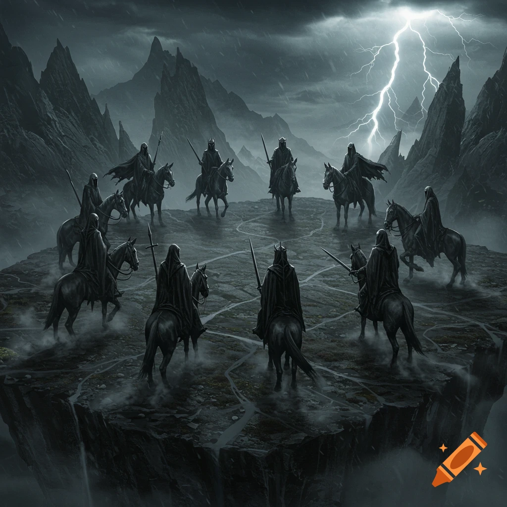 Nine cloaked figures on horseback circle on a rocky plateau under a stormy sky with lightning and dark mountains, dark fantasy art.
