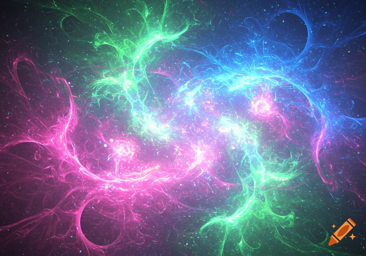 A vibrant abstract pattern of glowing pink, green, and blue energy streams swirling against a dark, star-speckled background, resembling a cosmic nebula.