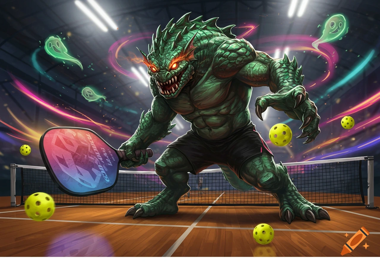 A muscular green monster with glowing red eyes playing pickleball on an indoor court, surrounded by yellow pickleballs and green ghostly figures.