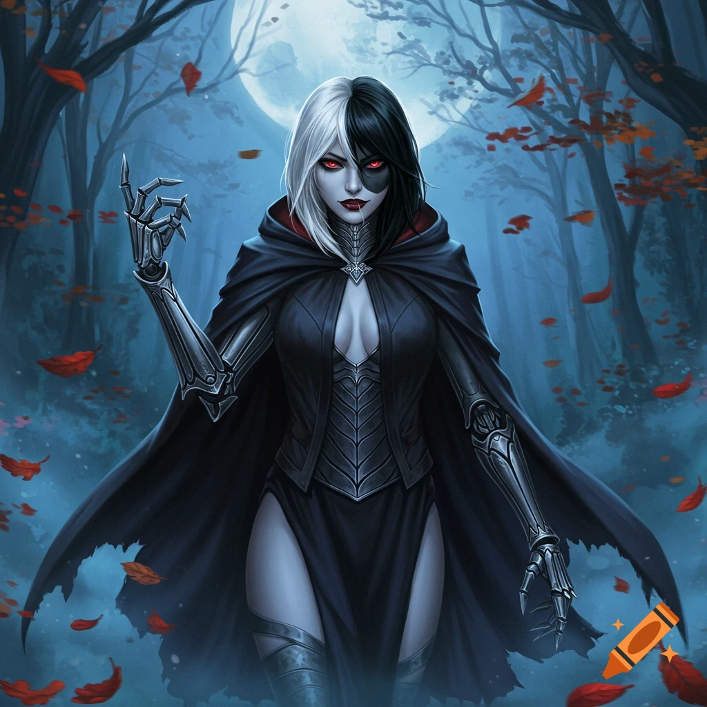 A pale-skinned vampire female with black and white hair, red eyes, and mechanical arms stands in a moonlit forest with falling red leaves.