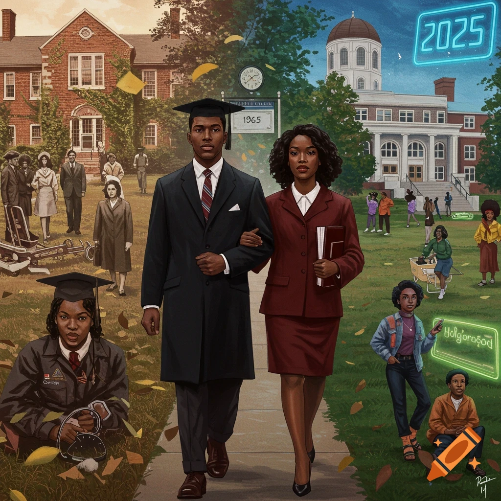 A split image depicting a historical university campus on the left, transitioning to a modern campus on the right. A Black man and woman in academic attire walk forward, bridging the 1965 and 2025 eras. Background figures represent both time periods.