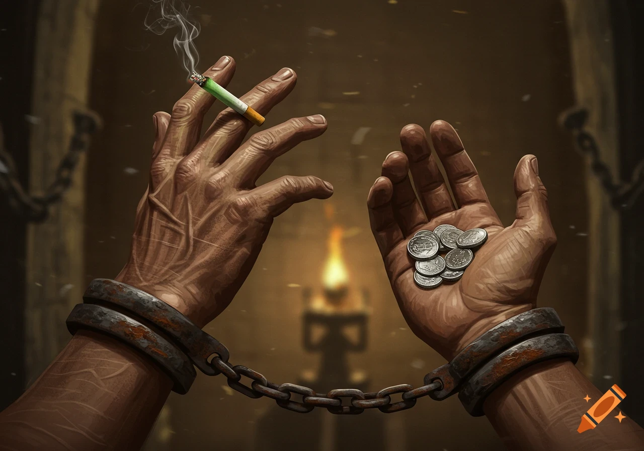 Close-up digital painting of chained hands, one holding a lit green-filtered cigarette, the other holding silver coins in a dark dungeon setting.