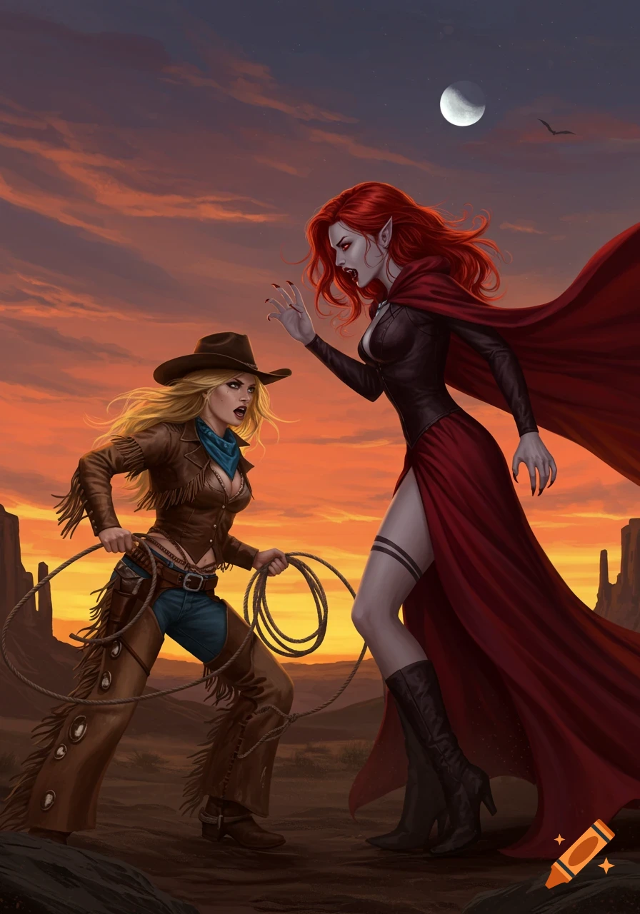 A blonde cowgirl with a lasso confronts a red-haired vampire in a long red dress under an orange sunset in a desert landscape.