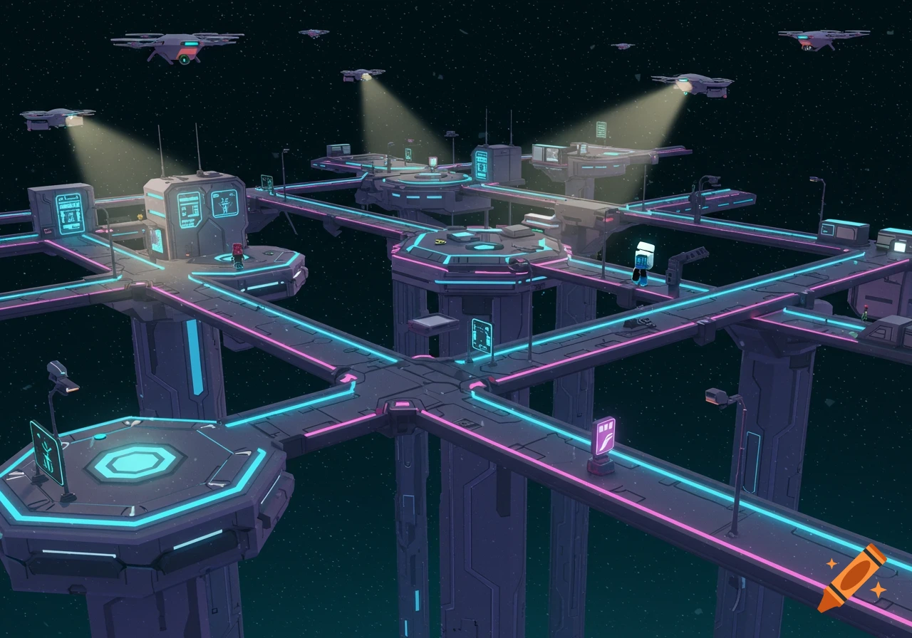 A stylized futuristic base with glowing neon lights in space, featuring platforms, buildings, small characters, and flying drones.